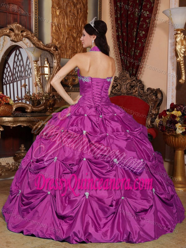 Fuchsia Halter Top Quinceanera Dress with Pick-ups and Embroidery in Taffeta