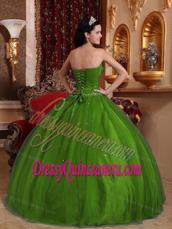 Ruffled and Beaded Quinceanera Dresses with Handmade Flower in Olive Green