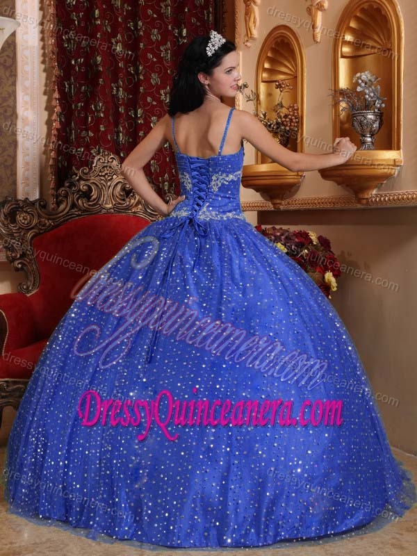 2013 Blue Beading Ball Gown Dress for Quinceanera with Embroidery and Straps