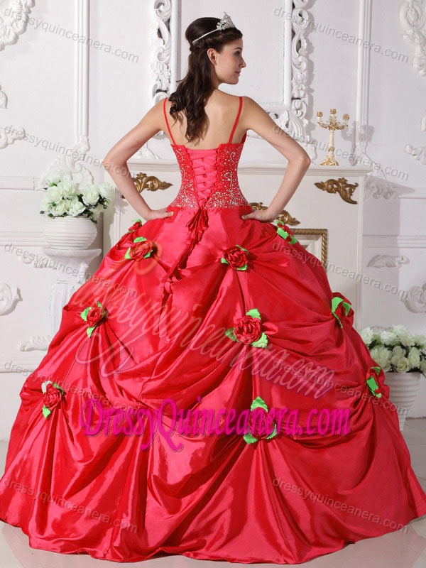 Spaghetti Straps Beaded Red Quince Gown with Pick-ups and Handmade Flowers