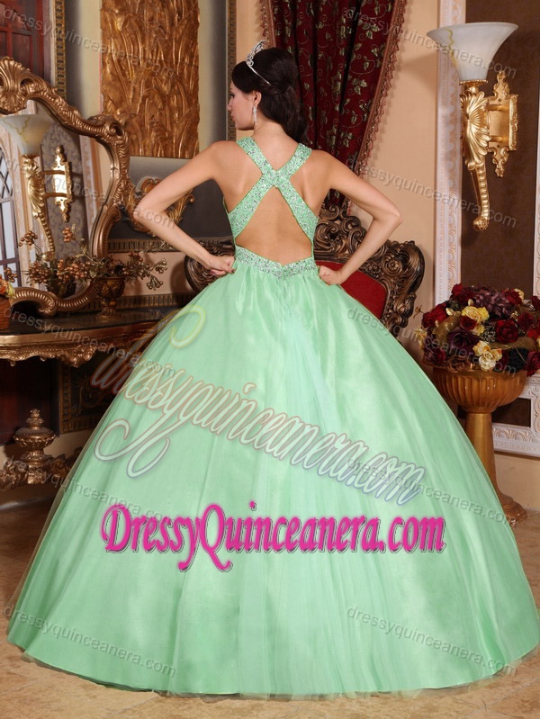 Apple Green V-neck Sweet 16 Quince Dress with Beads and Criss Cross on Back