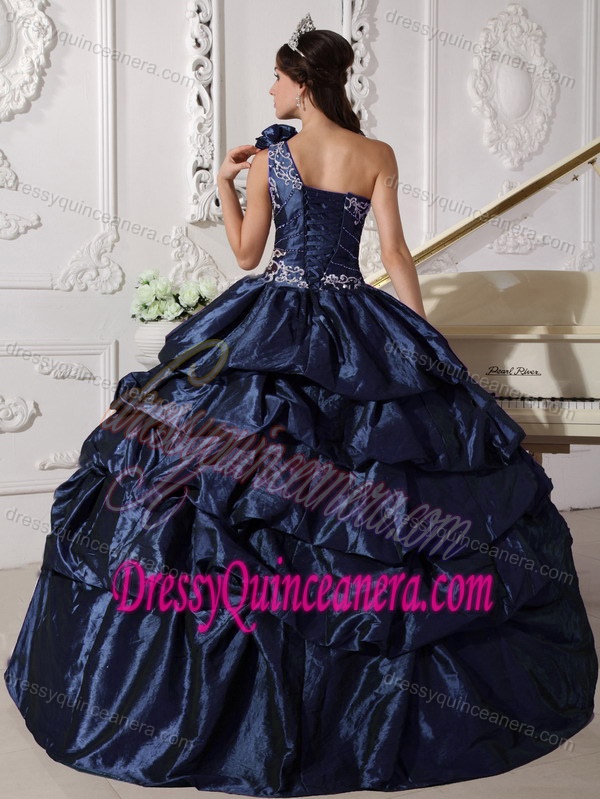 Pretty Navy Blue Single Shoulder Sweet Sixteen Dresses with Pick-ups in Taffeta