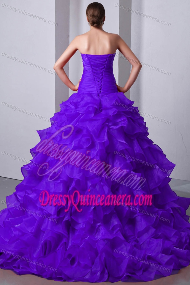 Graceful Ruffled and Ruched Quinceanera Gown with Beadings in Purple Color