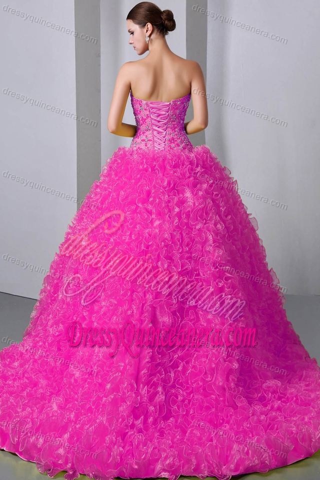 Ruffled and Beaded Organza Quinceanera Dresses with Sweetheart in Hot Pink