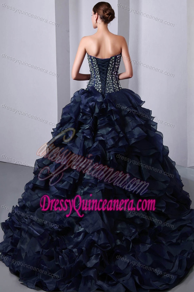 Dark Blue Ruffled Sweet Sixteen Quinceanera Dresses with Beadings in Organza