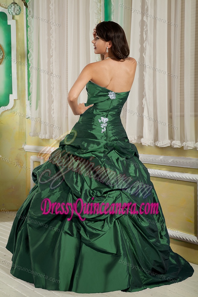 Princess Strapless Green Quinceanera Gown with White Appliques and Pick-ups