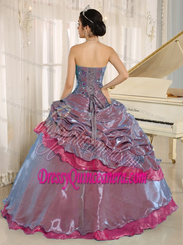 Multi-colored Appliqued Strapless Dress for Quince with Pick-ups and Beadings
