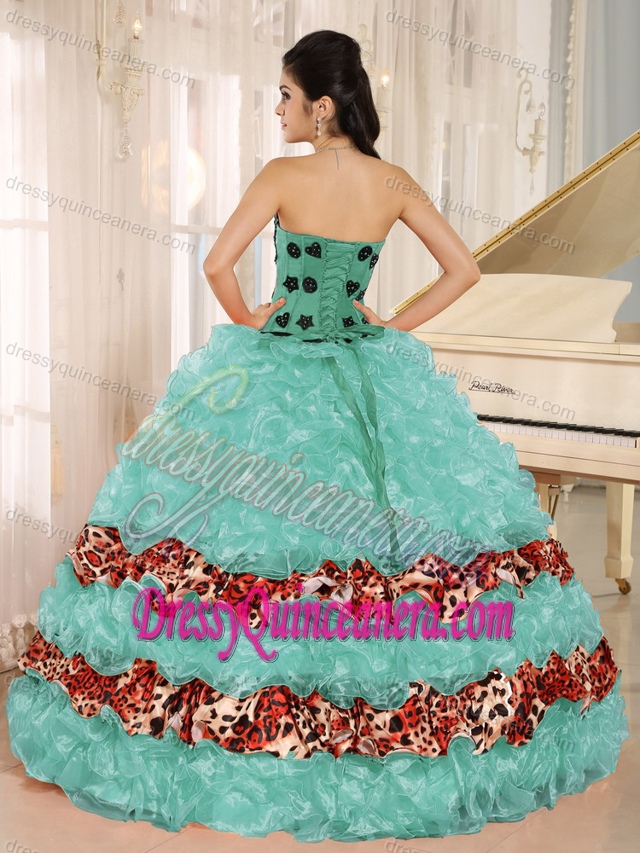 Pretty Apple Green Sweet Sixteen Quinceanera Dresses with Ruffles and Leopard