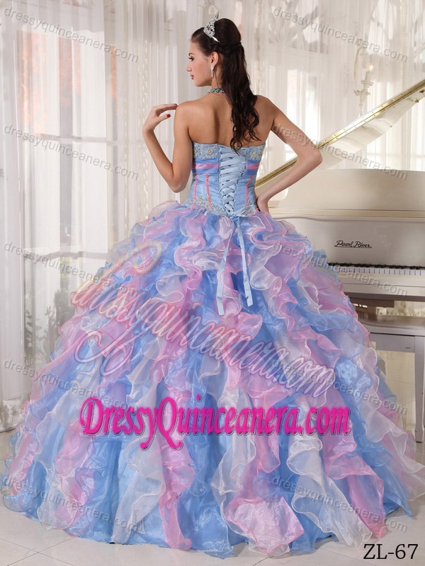 Multicolor Sweetheart Organza Quinceanera Dress with Appliques and Ruffles