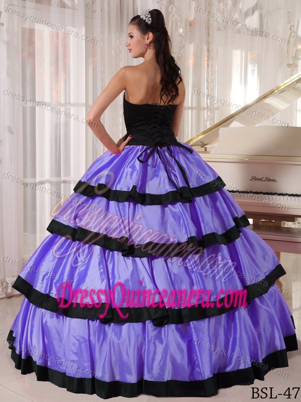 Lavender and Black Strapless Taffeta Quinceanera Dress with Layers on Sale