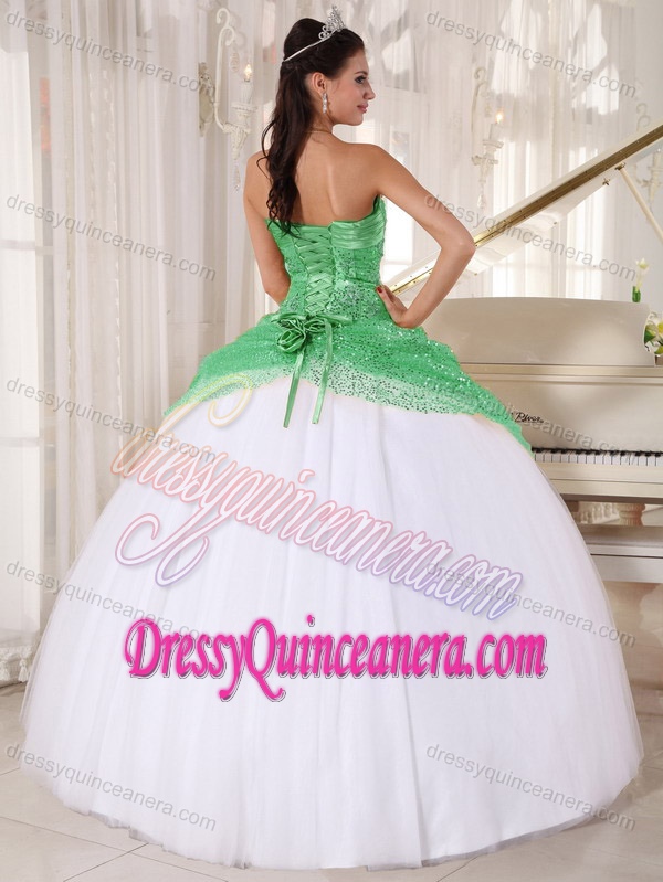 New Green and White Tulle Quinceanera Dress with Appliques and Sequins