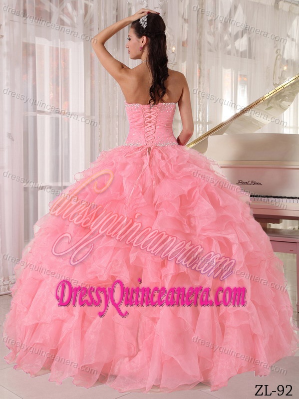 2013 Beautiful Pink Organza Beaded Quinceanera Dress with Ruffled Layers