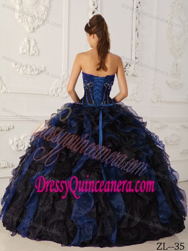 New Blue and Black Strapless Taffeta and Organza Beaded Quinceanera Dress
