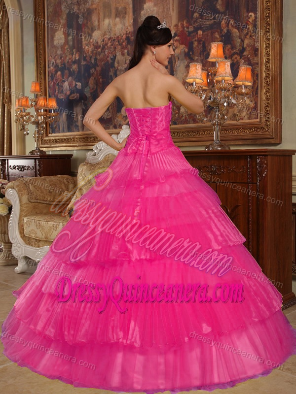 Hot Pink Ball Gown Lovely Appliqued Sweet 16 Dresses in Organza