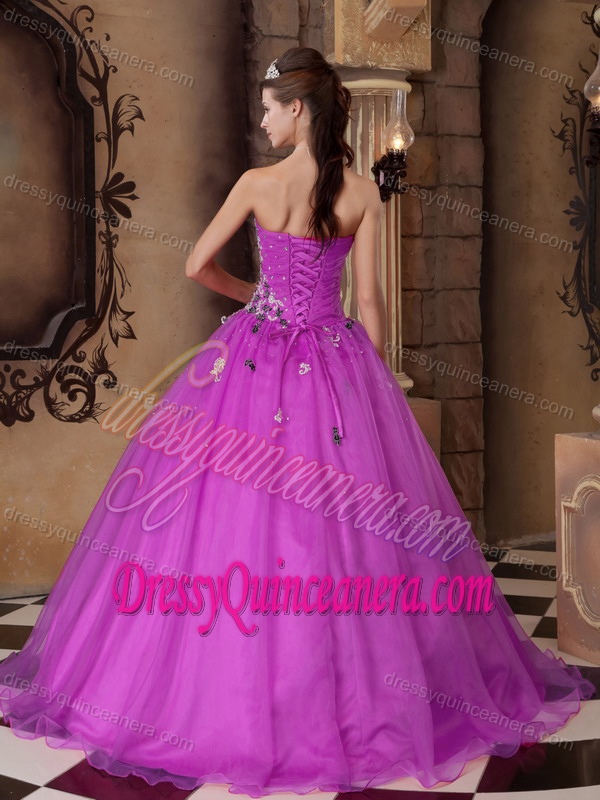 Sweetheart Fuchsia Organza Quince Gown with Beading on Sale