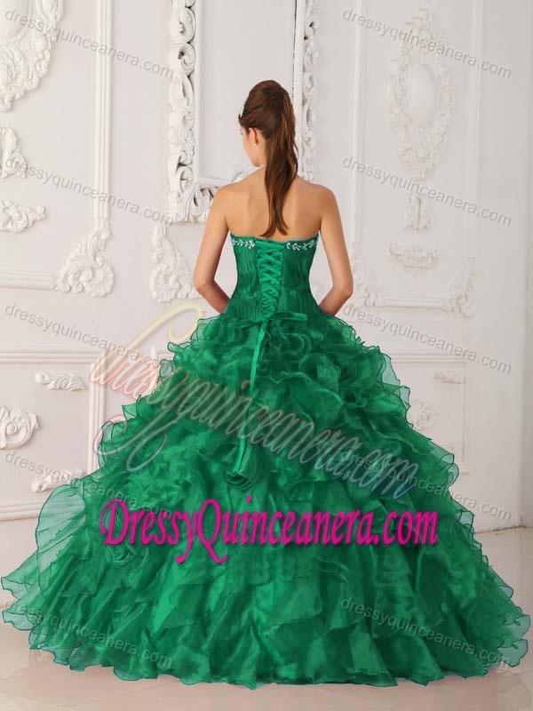 Green Strapless Embroidery Quince Dresses in Satin and Organza