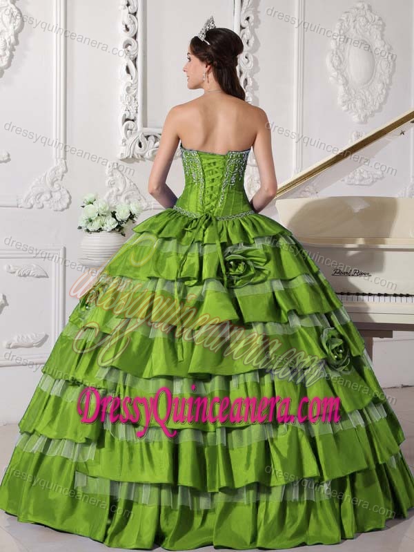 Spring Green Sweet Embroidery Decorate Sixteen Dresses in Taffeta