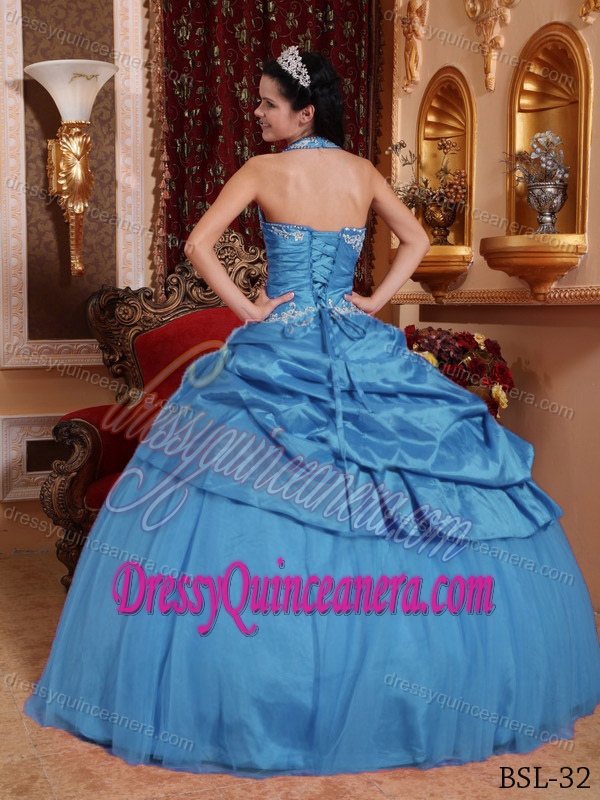 Ball Gown Halter Taffeta Quinceanera Gown on Sale in Aqua Blue