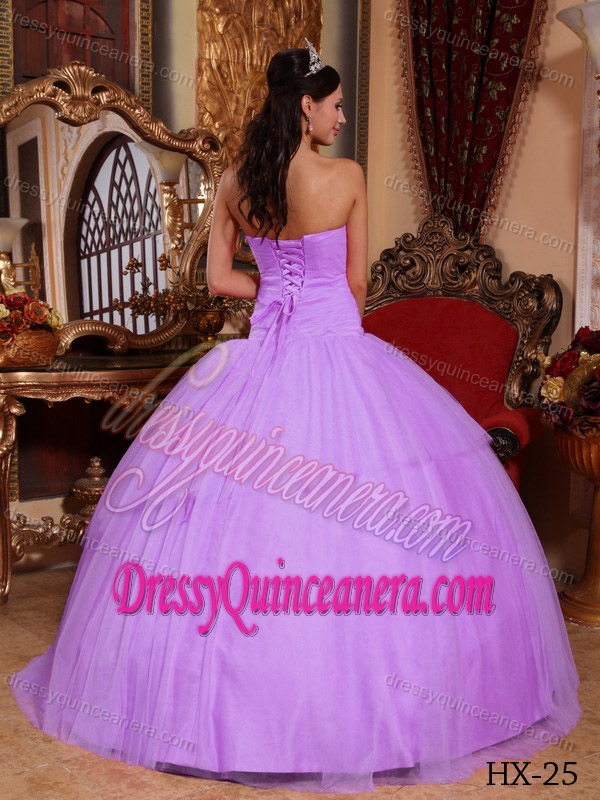 Lavender Ball Gown Strapless Quince Dresses in Tulle with Beading