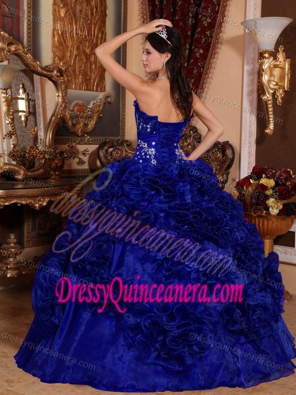 Lovely Royal Blue Strapless Organza Quinces Dresses with Appliques