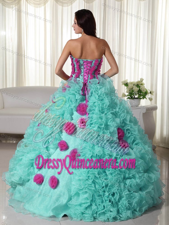 Cheap Baby Blue Strapless Organza Quinceanera Dress with Ruffles