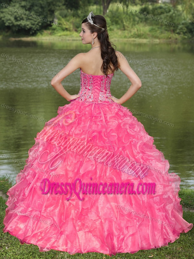 Hot Pink Sweetheart Beaded Quinceanera Dresses with Ruffled Layers