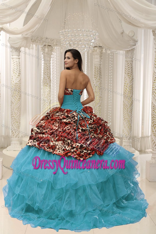 New Strapless Ball Gown Blue and Leopard Layered Dress for Quince with Pick-ups
