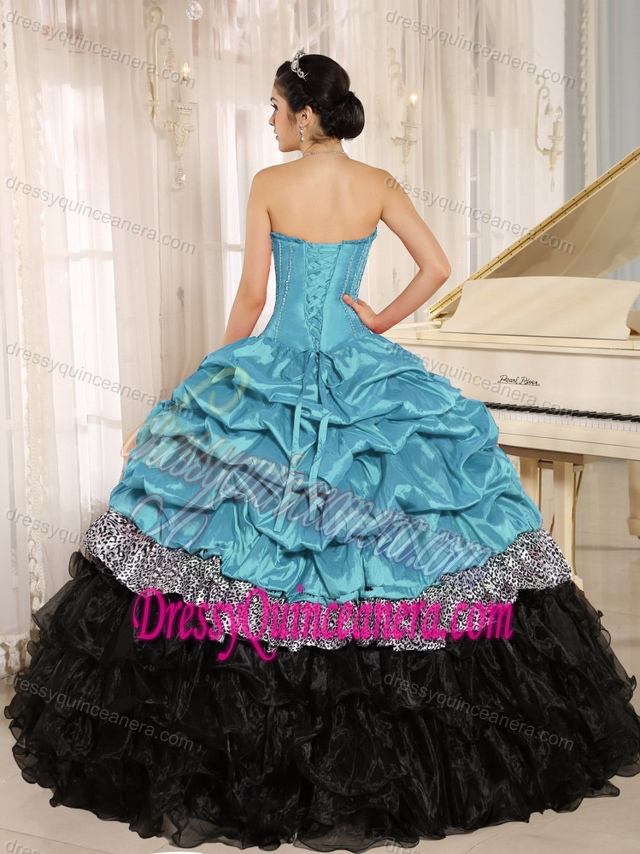 Aqua and Black Sweetheart Layered Quinceanera Dress with Pick-ups and Leopard