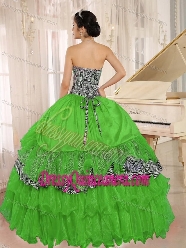 Ruched Sweetheart Spring Green Organza Quinceanera Dress with Layers and Zebra