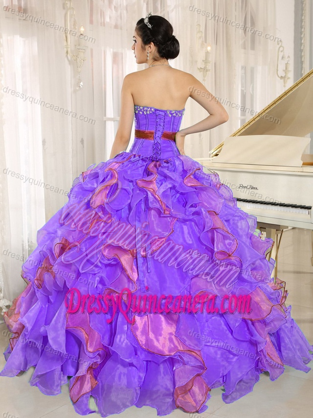 Multi-colored Sweetheart Ruffled Organza Quinceanera Dress with Beading and Belt
