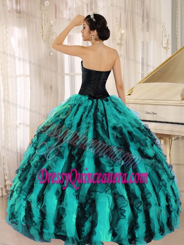 Beaded Sweetheart Black and Turquoise Organza Quinceanera Dresses with Ruffles