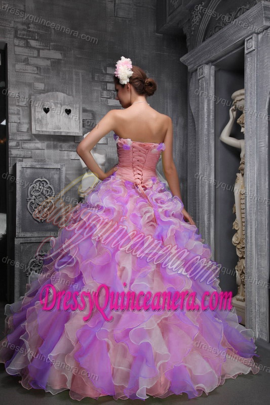 Lovely Multi-colored Strapless Organza Quinceanera Dress with Ruffles and Flowers
