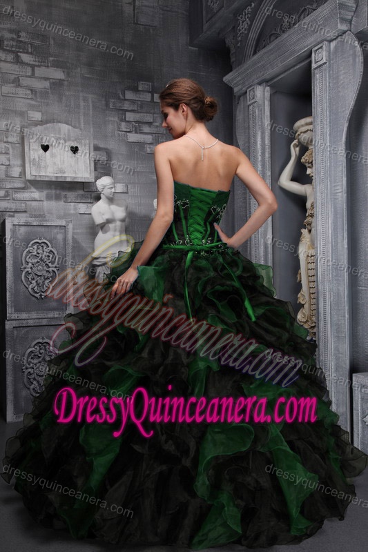 Exclusive Strapless Hunter Green and Black Beaded Quinceanera Dress with Ruffles