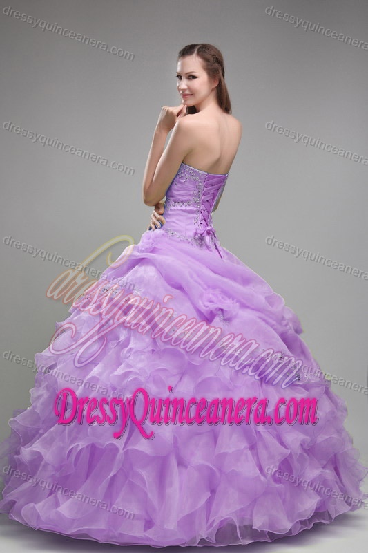 Lavender Strapless Ruffled Organza Quinceanera Dresses with Beading and Pick-ups