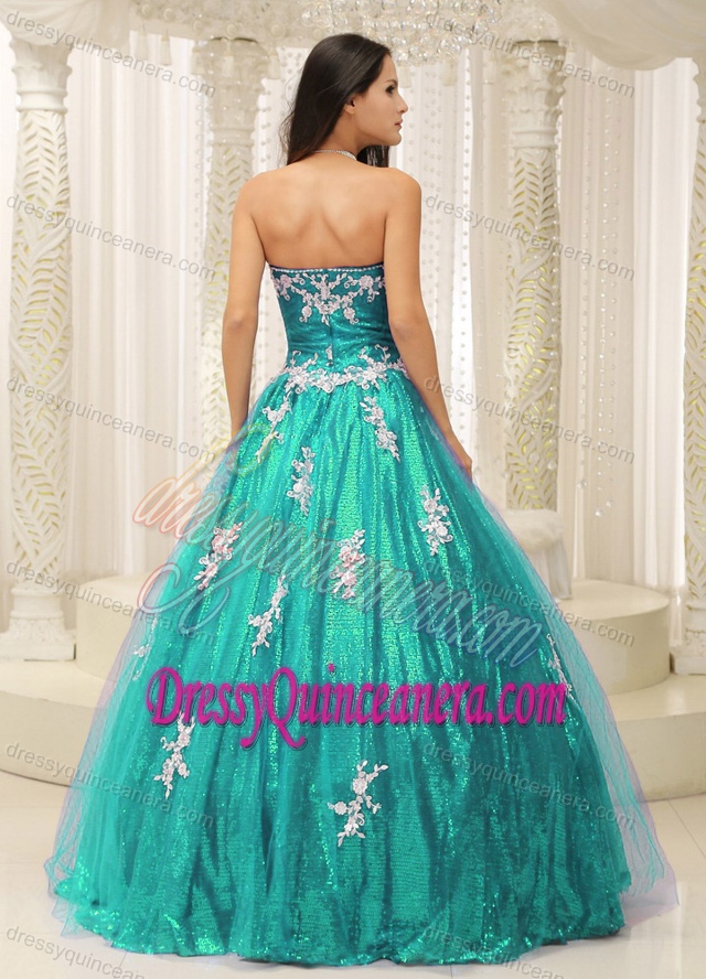 Wonderful A-line Tulle Quince Dress with Appliques and Paillette Over Skirt