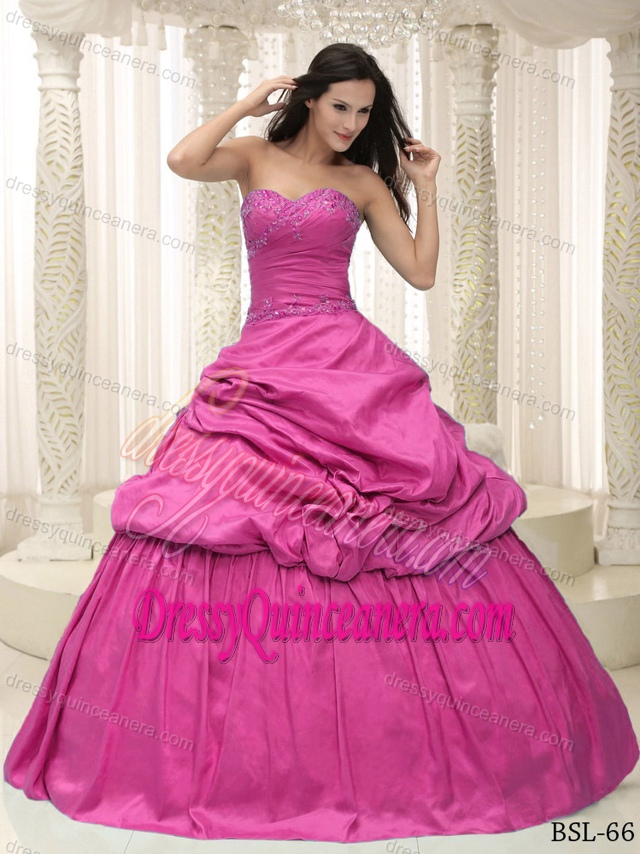 Taffeta Sweetheart Rose Pink Quinces Dress with Appliques and Pick-ups