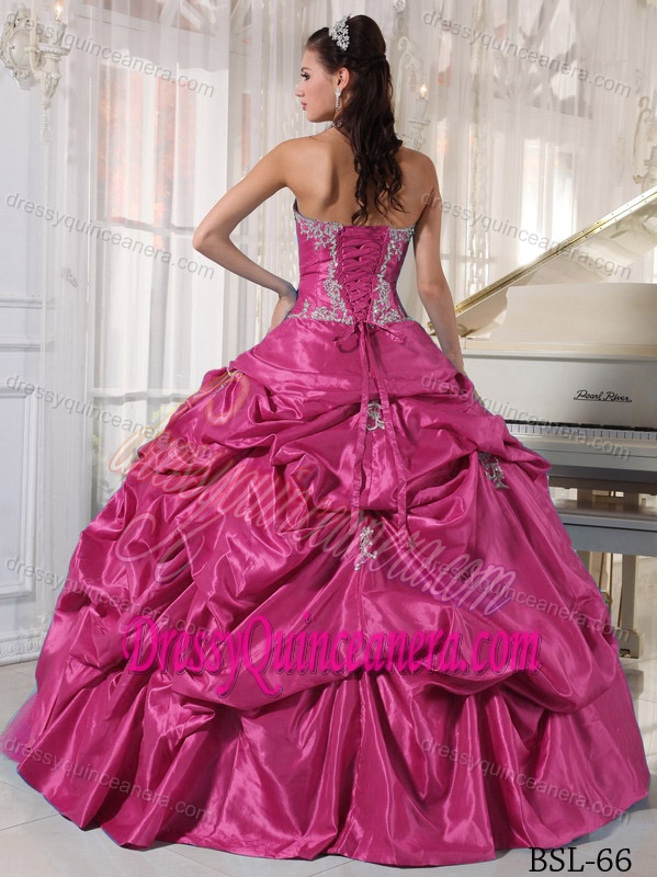 Strapless Taffeta and Tulle Quinceanera Dresses with Appliques in Hot Pink