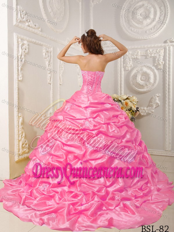 Hot Pink Court Train Taffeta Quinceanera Dress with Appliques and Beading