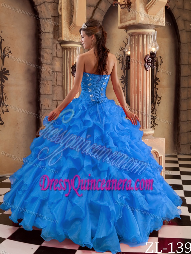Blue Sweetheart Organza Quinceanera Dresses with Beading and Ruffles