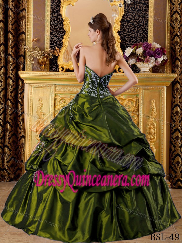 Olive Green Sweetheart Taffeta Quinceaneras Dress with Appliques on Sale