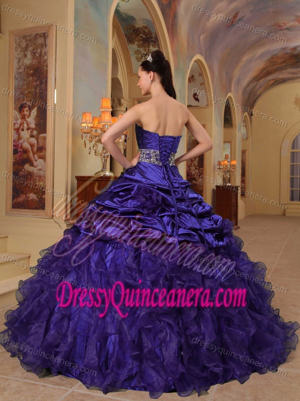 Dark Purple Sweetheart Beaded Quinceanera Gown in Organza and Taffeta