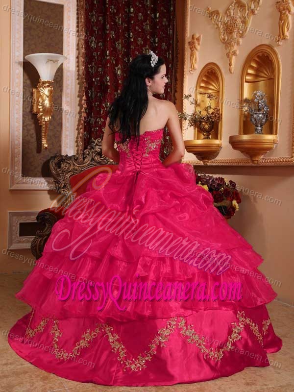 Red Strapless Quinceaneras Dresses with Beading and Pick-ups in Organza