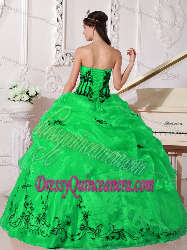 Green and Black Strapless Organza Quinceanera Gown Dress with Appliques