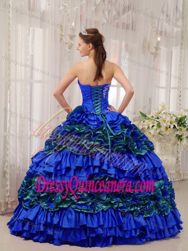 New Blue Strapless Quinceanera Gown with Appliques and Ruche in Taffeta