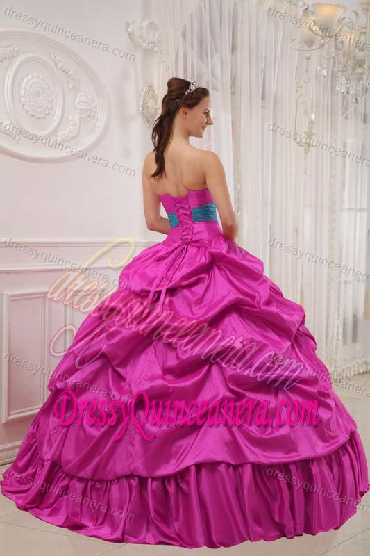 Hot Pink and Blue Strapless Taffeta Quince Dresses with Beading and Ruche