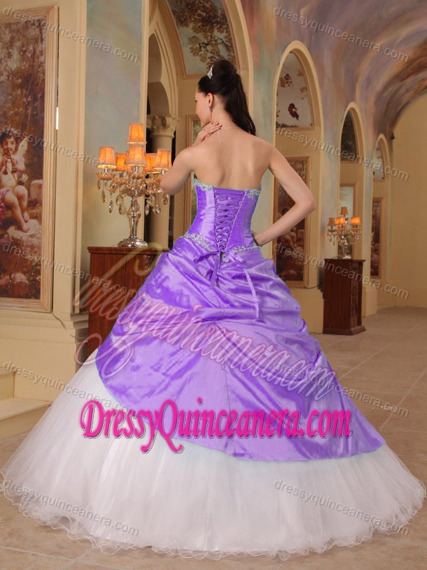 Lavender and White A-line Quince Dresses with Beading in Tulle and Taffeta