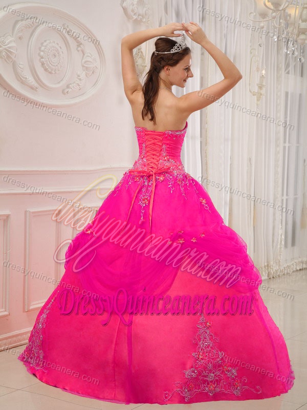 Hot Pink Strapless Taffeta and Tulle Quinceanera Dress with Appliques on Sale