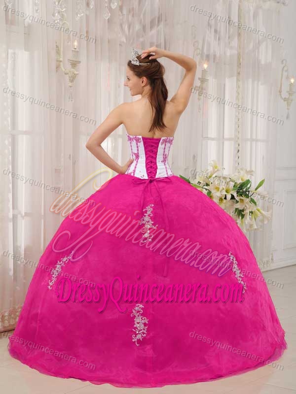 White and Hot Pink Taffeta and Organza Appliqued Quinceanera Dress on Sale