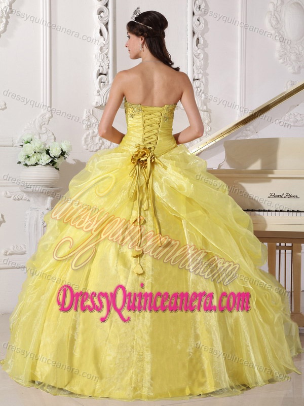 Yellow Strapless Organza Quinceanera Dress with Embroidery and Beading