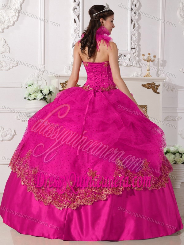 Hot Pink Halter Top Taffeta Beaded and Appliqued Quinceanera Dress on Sale